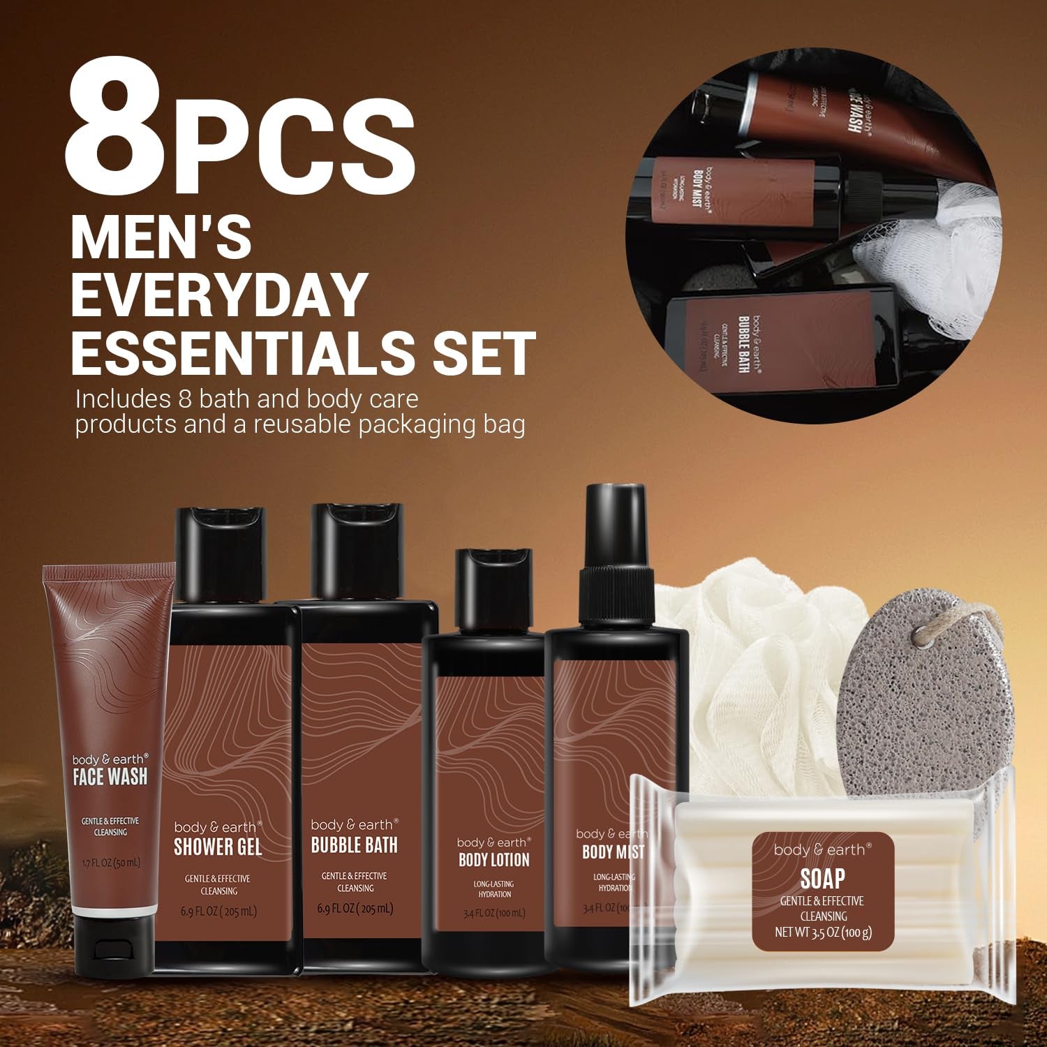 Bath Set 8PC Men -Sandalwood Bath and Body Gift Set